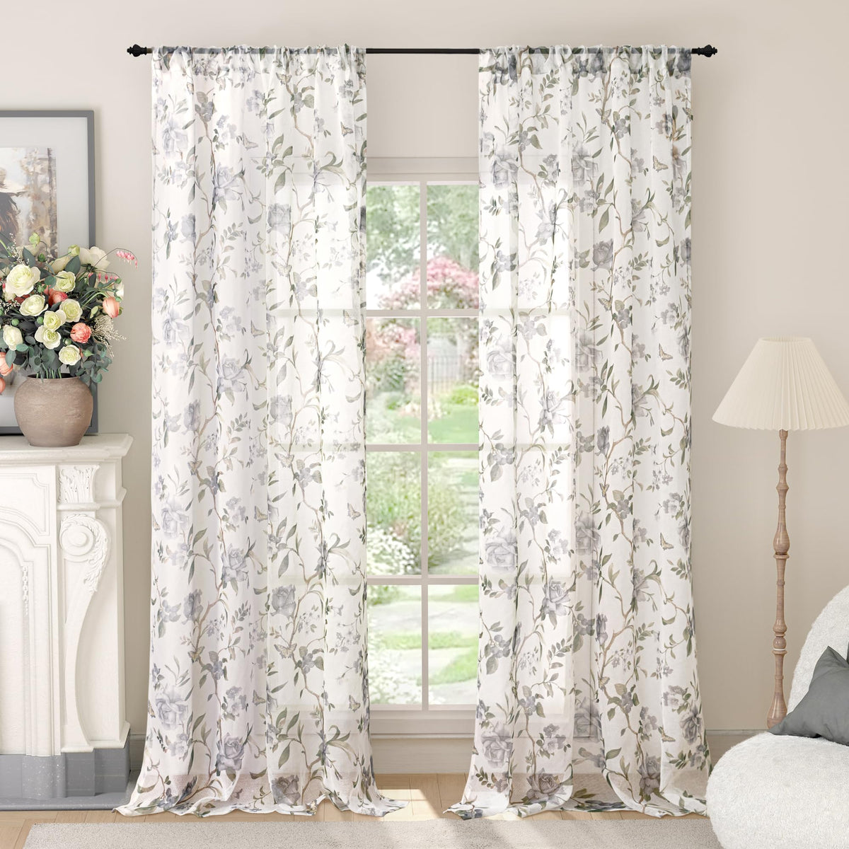 Lajode Pink Floral Sheer Curtains for Girls Room - 52x84 Inch 2 Panels