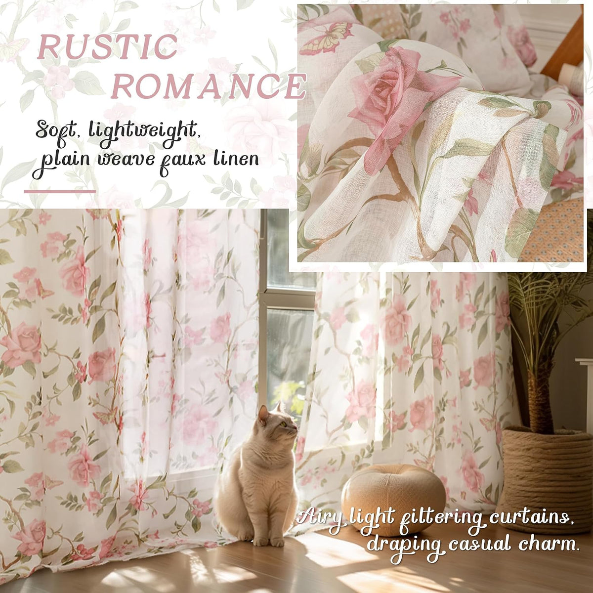 Lajode Pink Floral Sheer Curtains for Girls Room - 52x84 Inch 2 Panels