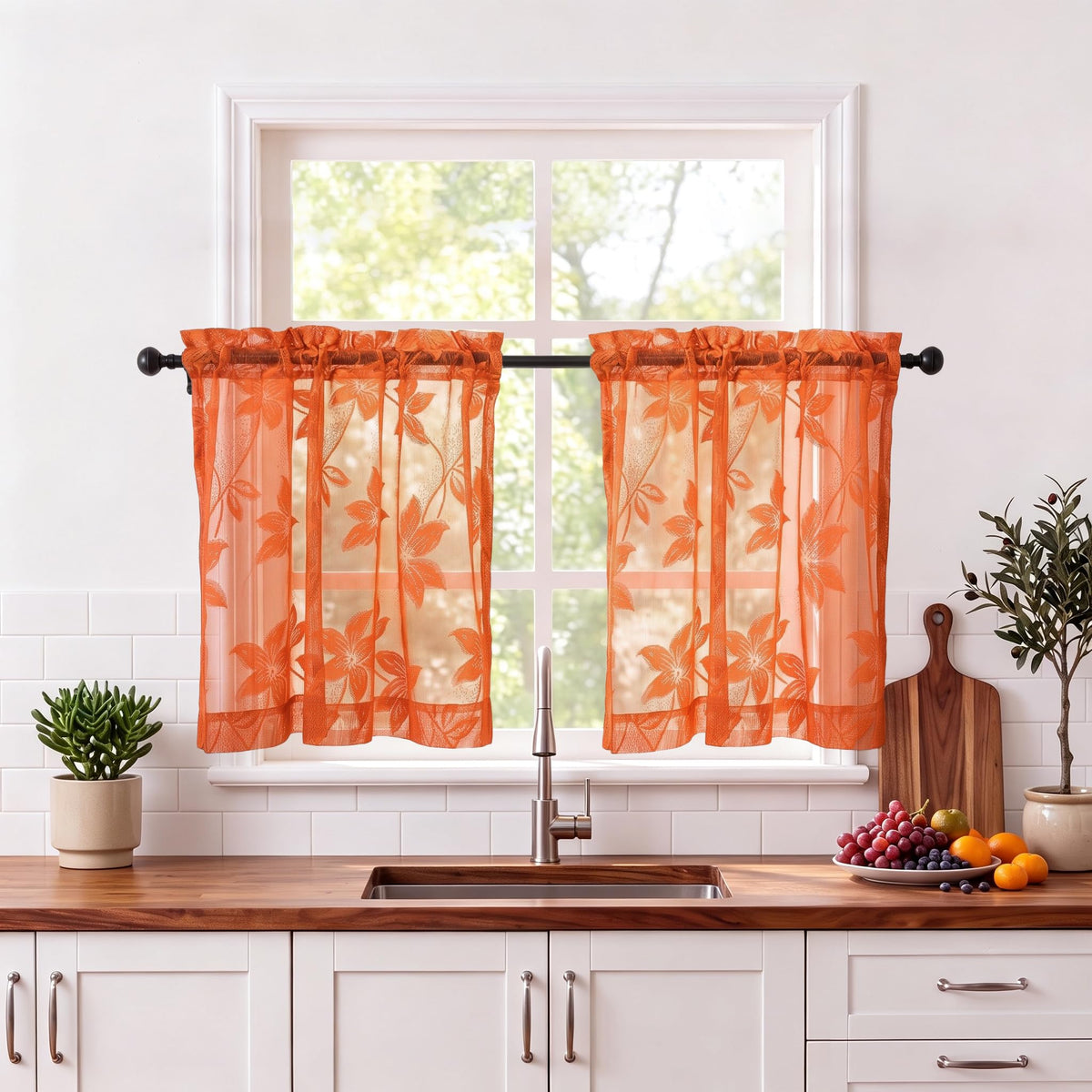 DWCN White Sheer Curtains - Short Curtains Floral Lace Design Rod Pocket Window Voile Sheer Drapes for Bedroom Kitchen Small Window 42 x 54 inch Length, 2 Panels White