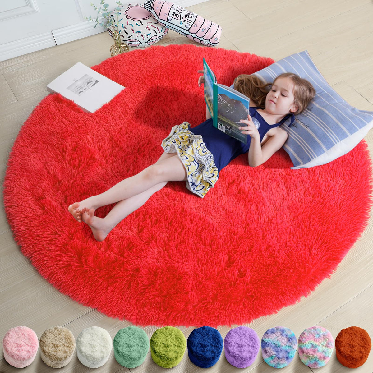 Amdrebio Pink Circle Round Fluffy Area Rug 4Ft for Girls Bedroom Kids Room
