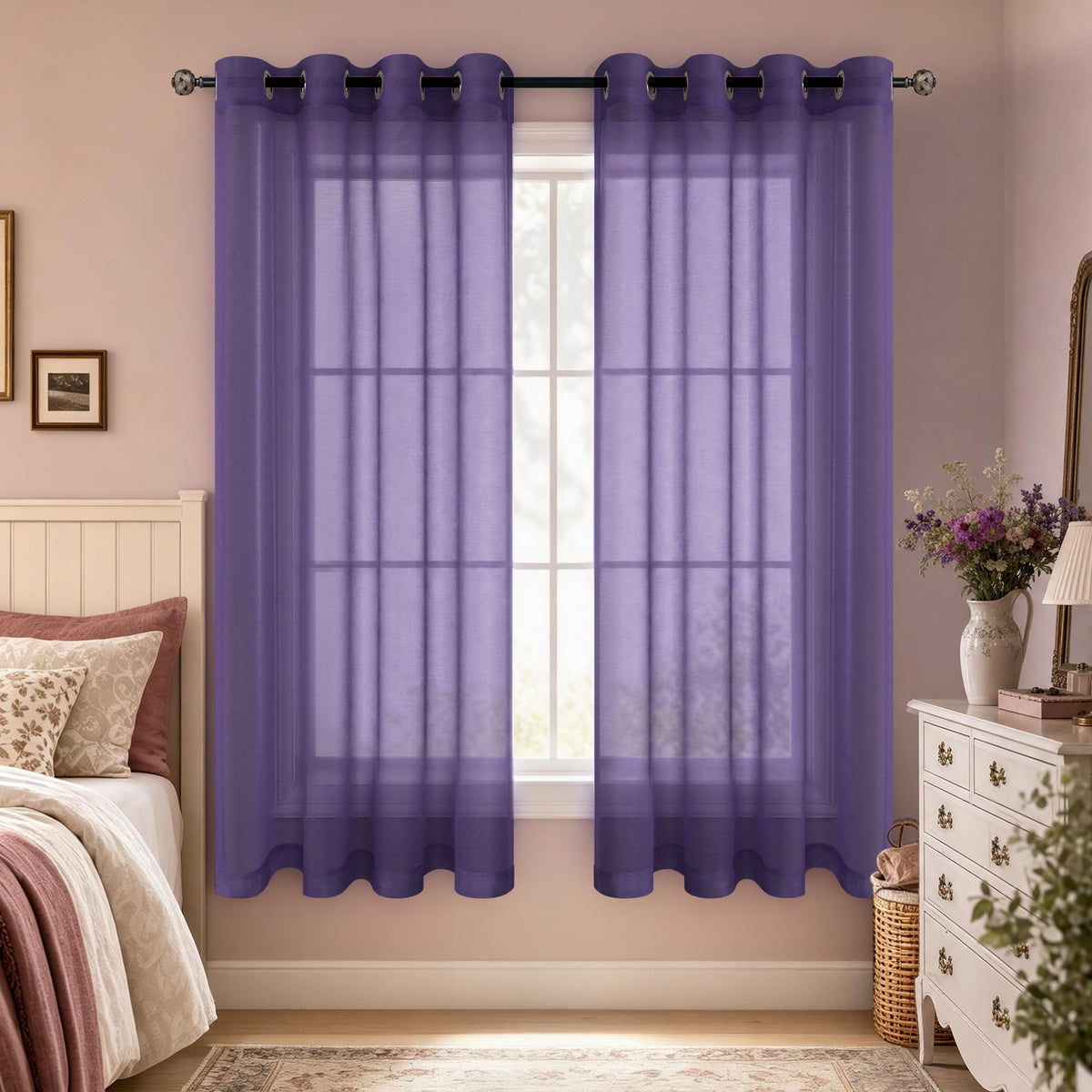 Mrs.Naturall Black Sheer Curtains 84 Inches Long for Living Room Set of 2 Panels Ring Grommet Window Curtain Panels for Bedroom 52x84 Inch Length