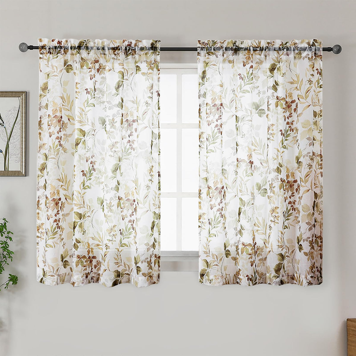 OWENIE Crushed Sheer Curtains 63 Inch Length 2 Panels Set, Sheer Floral Curtians with Printed Leaves Design, Printing Drapes for Living Room, Rod Pocket Light Filtering Window Sheers 42" W x 63" L