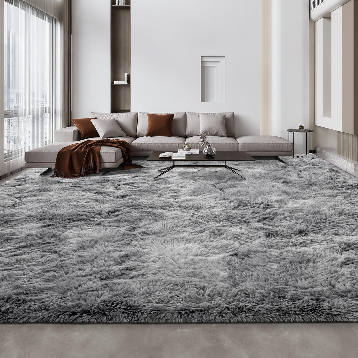 Deerhoo Large Shag Area Rugs 5 x 8, Tie-Dyed Plush Fuzzy Rugs, Light Grey