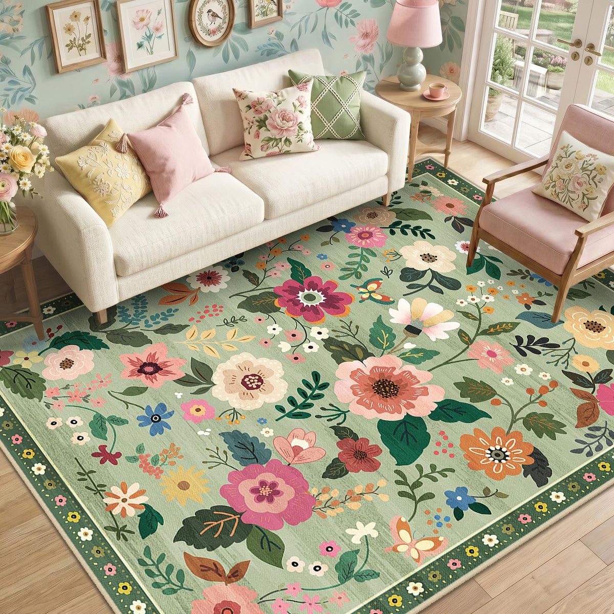 RELEANY Floral Washable 5x7 Area Rugs Pink