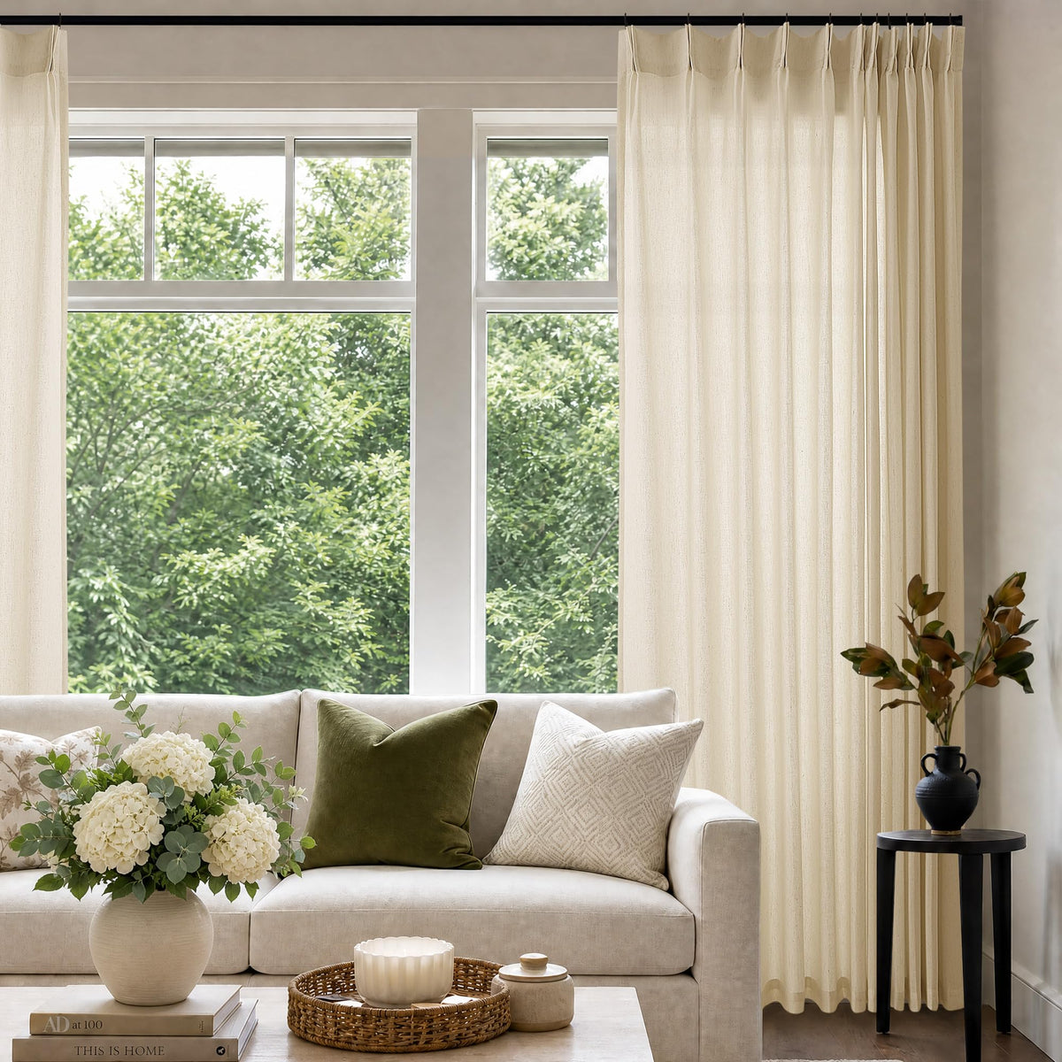 Cream 120 Inch Linen Curtains Pinch Pleated Extra Long Custom Made