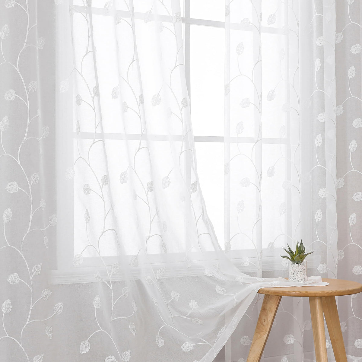 VISIONTEX Sheer Curtains Boho Leaf Floral Embroidered Cream Beige 54Wx84L