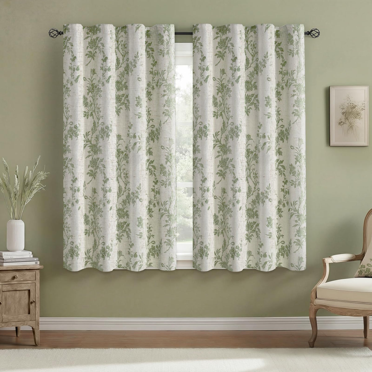 Boho Floral Light Filtering Curtains 84 Inch 2 Panels Linen Texture