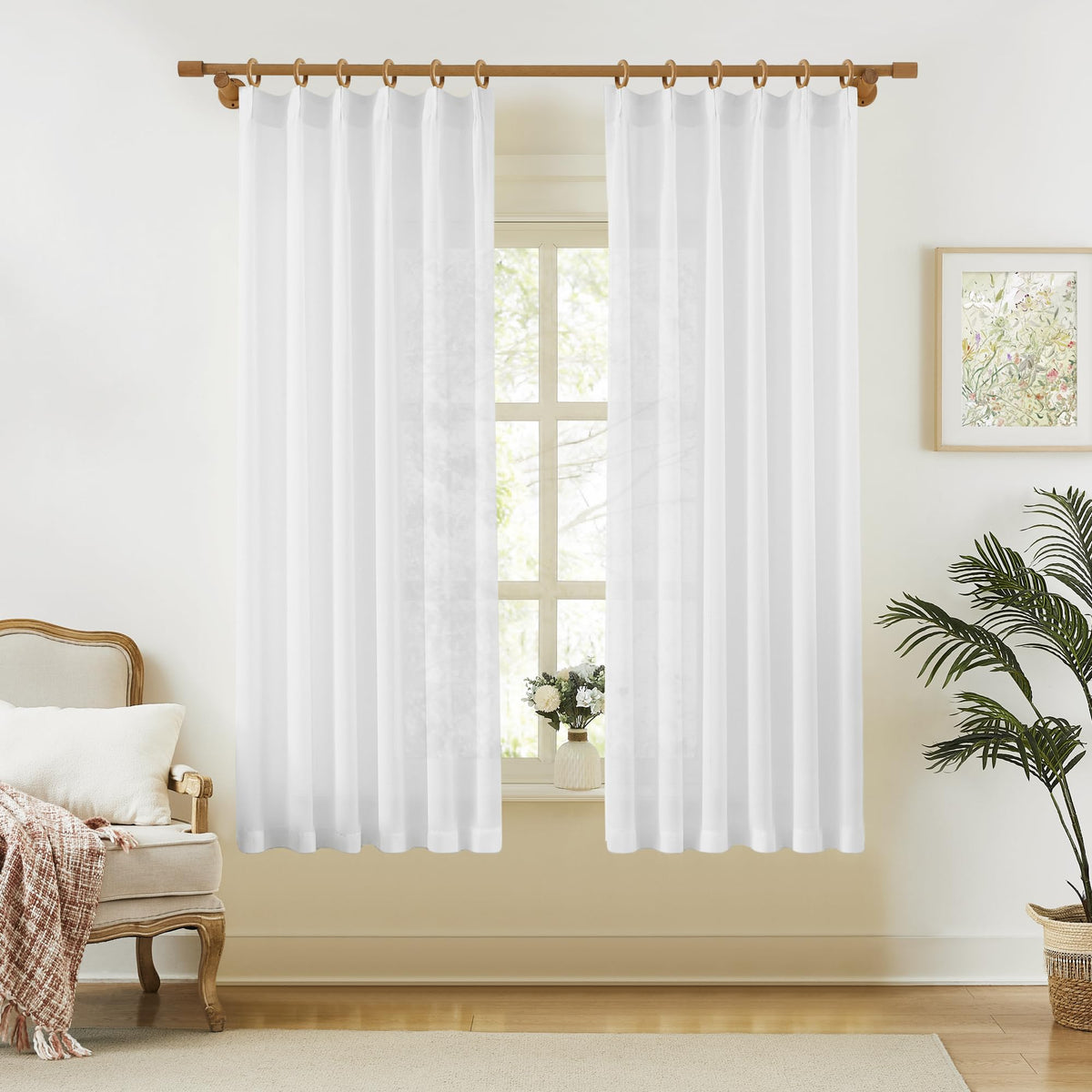 KangBang White Pinch Pleated Sheer Curtains 84 Inches Long 2 Panels