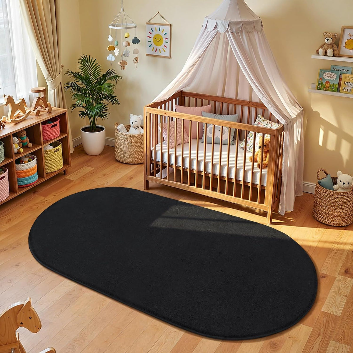 Amearea Soft Oval Rugs for Bedroom, 2.6 x 5.3 Black Bedroom Bedside Rug