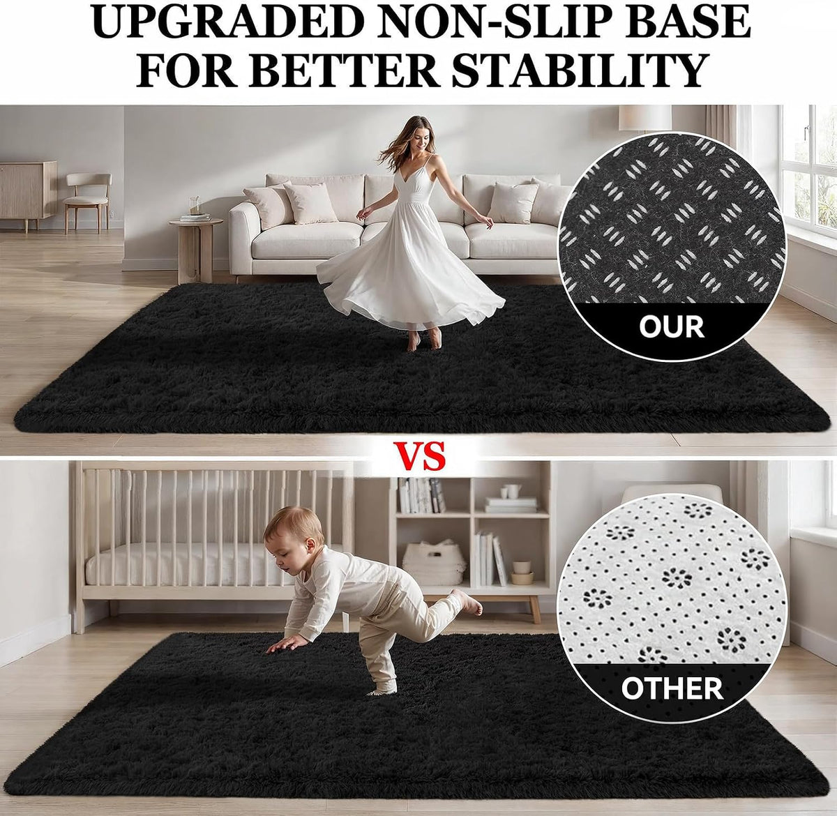 5x7 Area Rug Living Room: Bedroom Fluffy Shag Fuzzy Carpet Black