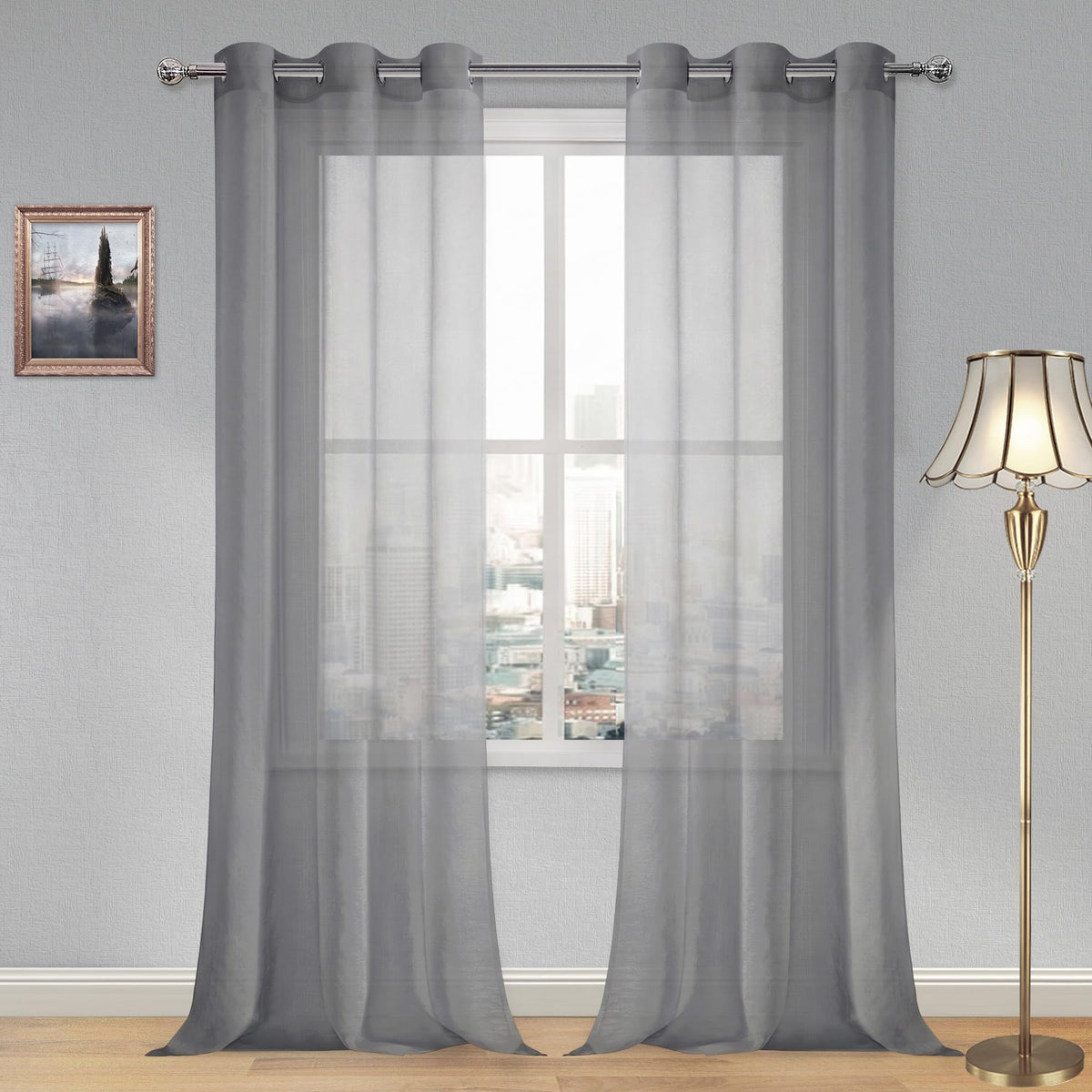 DWCN White Sheer Curtains Linen Look Semi Transparent Voile Grommet White Curtains for Living Dining Room Drapes 52 x 84 Inch Long, Set of 2 Panels