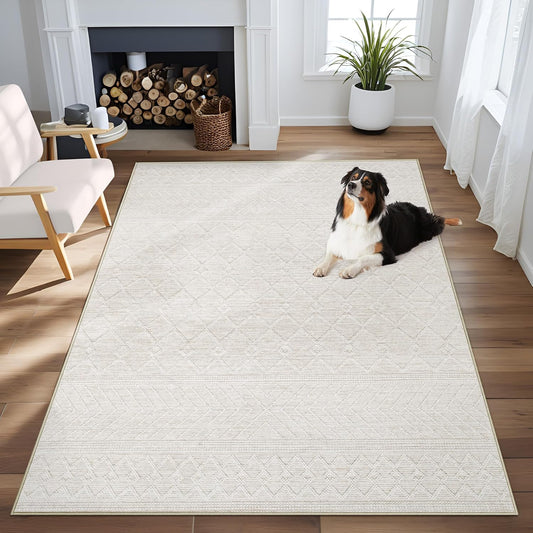 Area Rug 4x6 Geometric Rug: Washable Boho Moroccan Rugs Soft Farmhouse Rug, Modern Neutral Stain Resistant Indoor Floor Carpet for Livingroom Bedroom Dining Table Nursery(Modern Beige,4'x6')