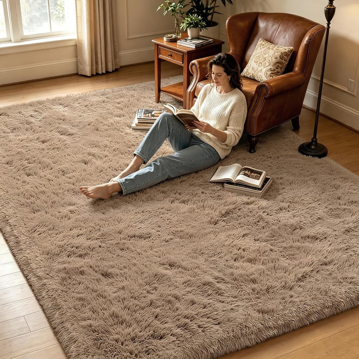 Beige 8x10 Area Rugs for Living Room, Fluffy Shag Rug Large Bedroom Carpet