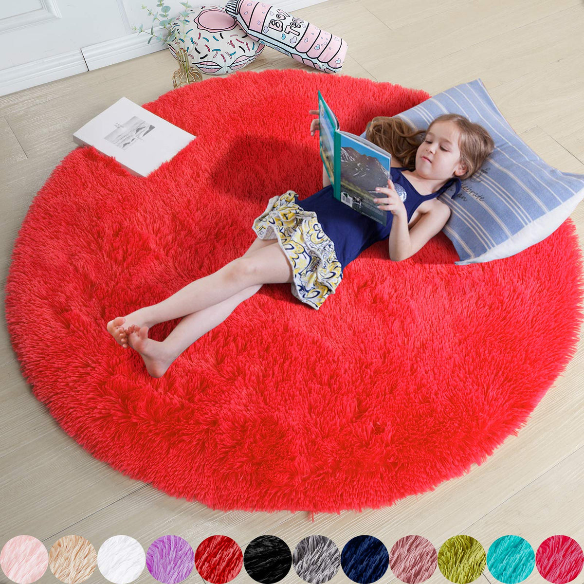 Amdrebio Pink Circle Round Fluffy Area Rug 4Ft for Girls Bedroom Kids Room