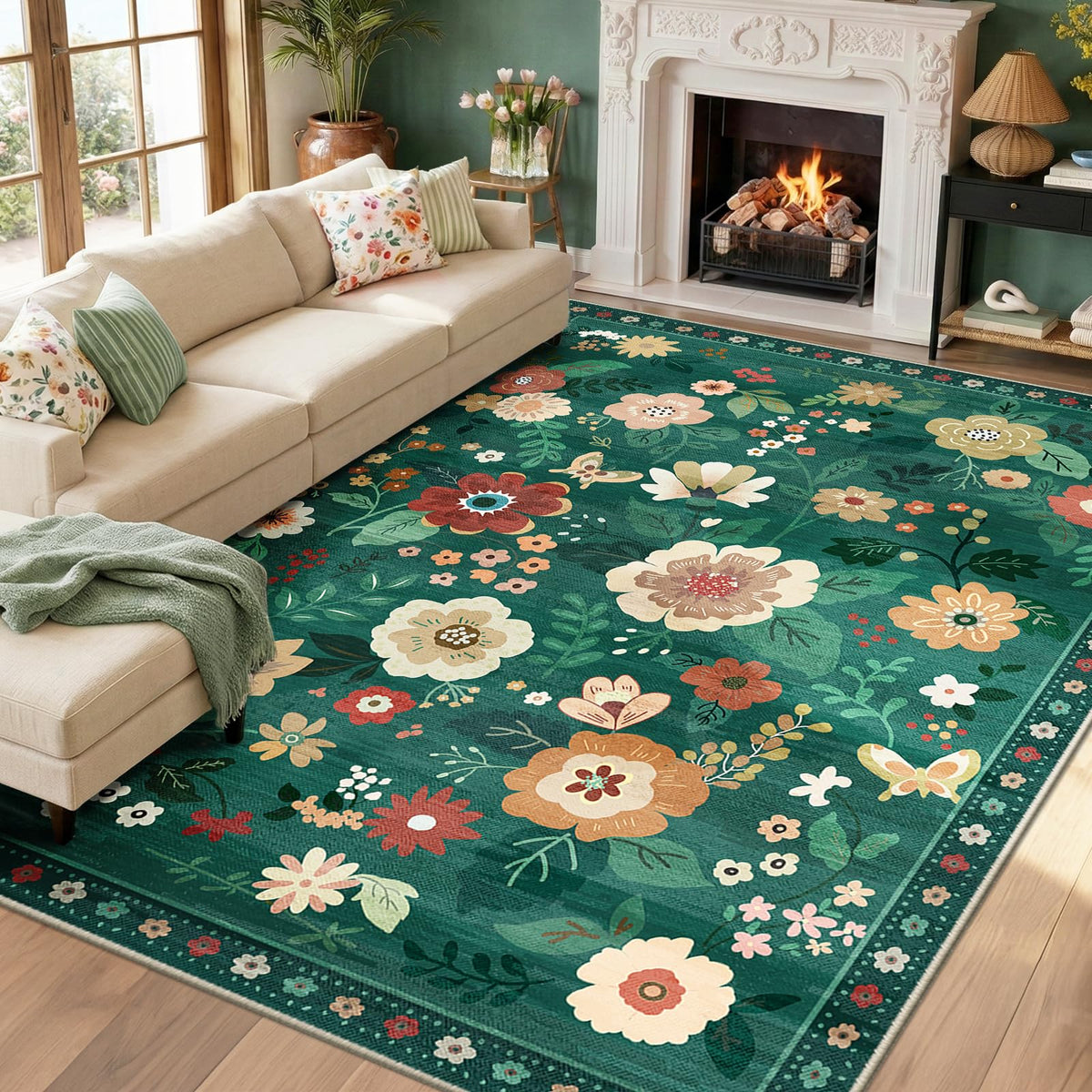 RELEANY Floral Washable 5x7 Area Rugs Pink