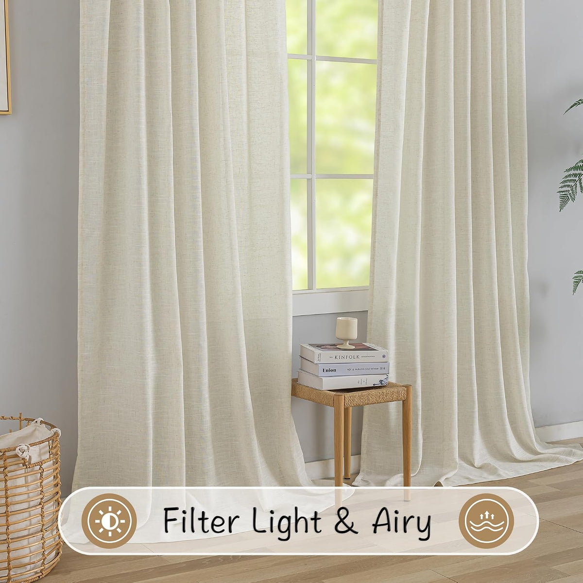 Natural Linen 144 Inch Length Curtains for Tall Floor Ceiling Villa Living Room -Cream Ivory Bak Tab Hooks Pleated Easy Open Sliding Semi Sheer 144 inch Extra Long 2 Story Window Curtains,12 Foot
