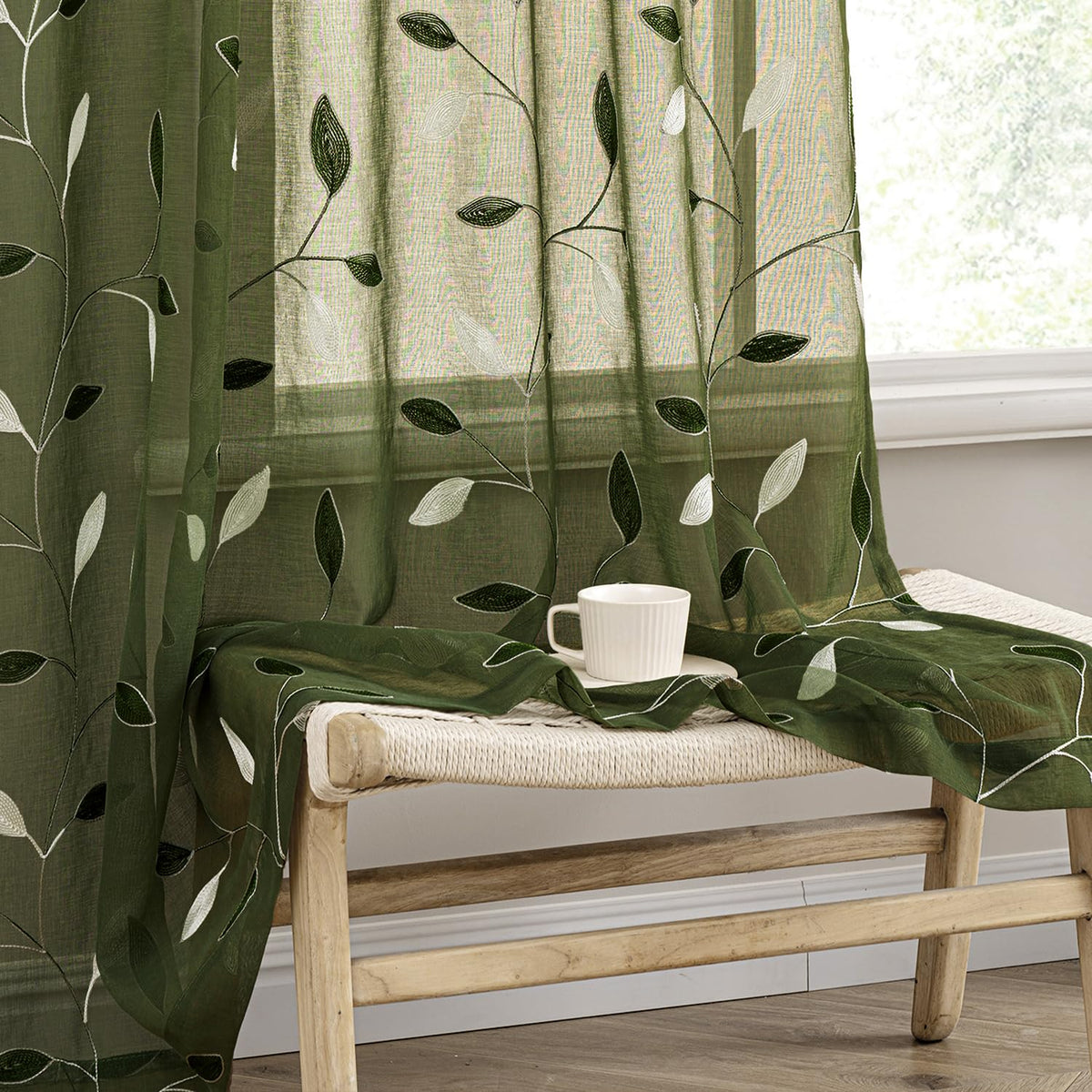 MIULEE Beige Sheer Curtains 2 Panels Embroidered Leaf Patterned, W52 x L84