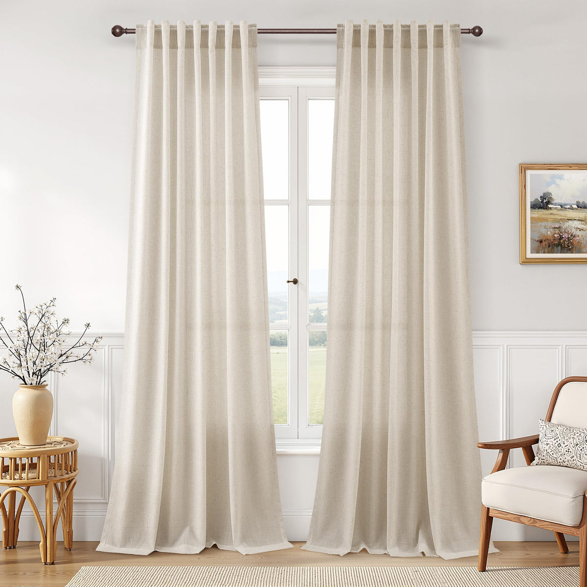 Joywell Linen Sheer Curtains 84 Inches Long for Living Room Beige Cream