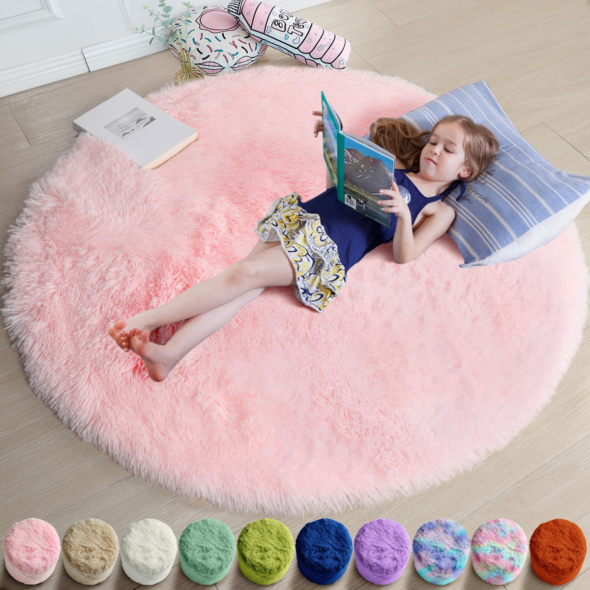 Amdrebio Pink Circle Round Fluffy Area Rug 4Ft for Girls Bedroom Kids Room