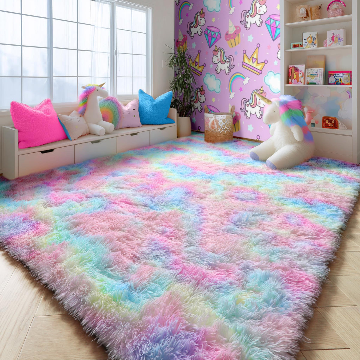 Rainbow Area Rugs for Girls Bedroom Fluffy Soft Vibrant Rugs Kids Playroom