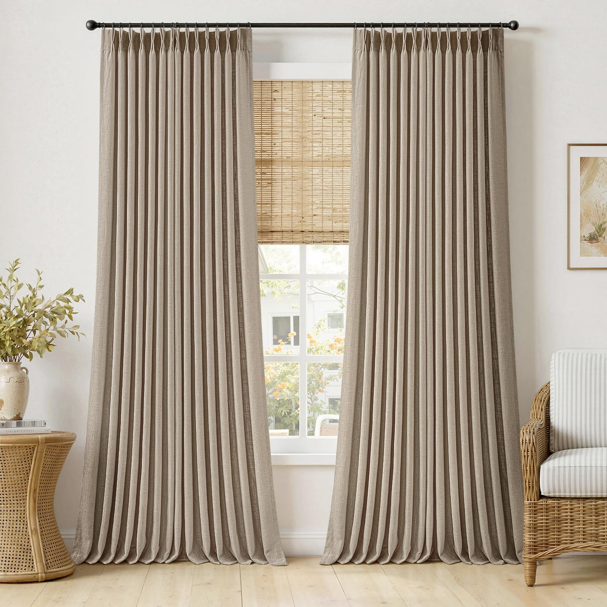 MIULEE Pinch Pleated Thick Linen Curtains 96 Inches Burlap Brown Curtains