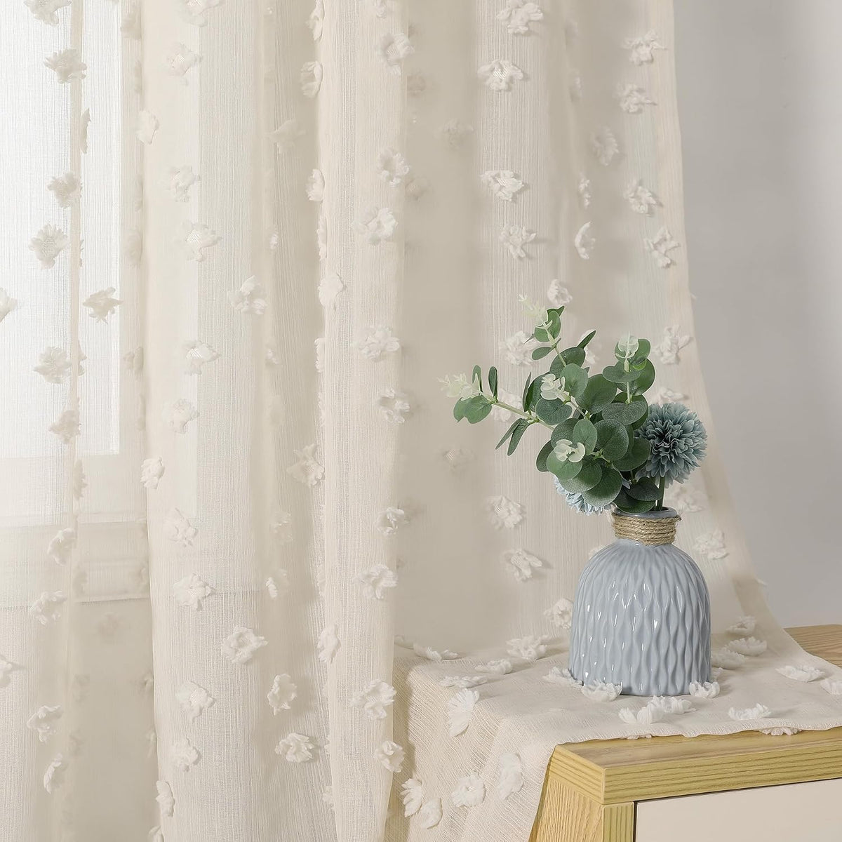 MYSKY HOME Beige Boho Sheer Curtains with Cream Pom Pom 50Wx84L,2 Panels