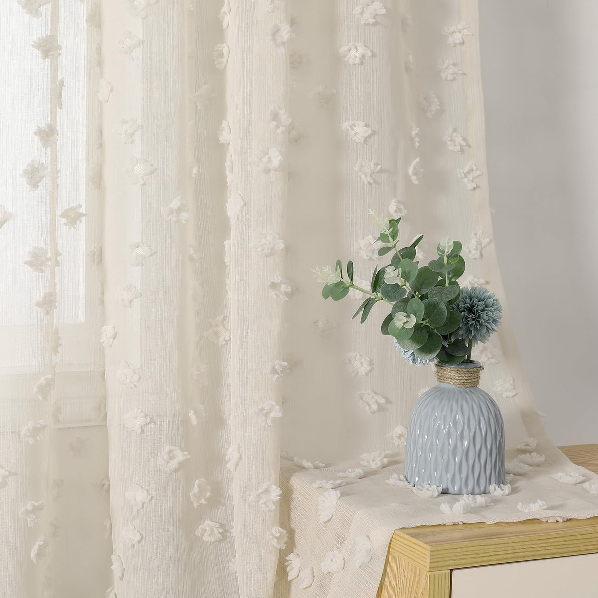 MYSKY HOME Beige Boho Sheer Curtains with Cream Pom Pom 50Wx84L,2 Panels