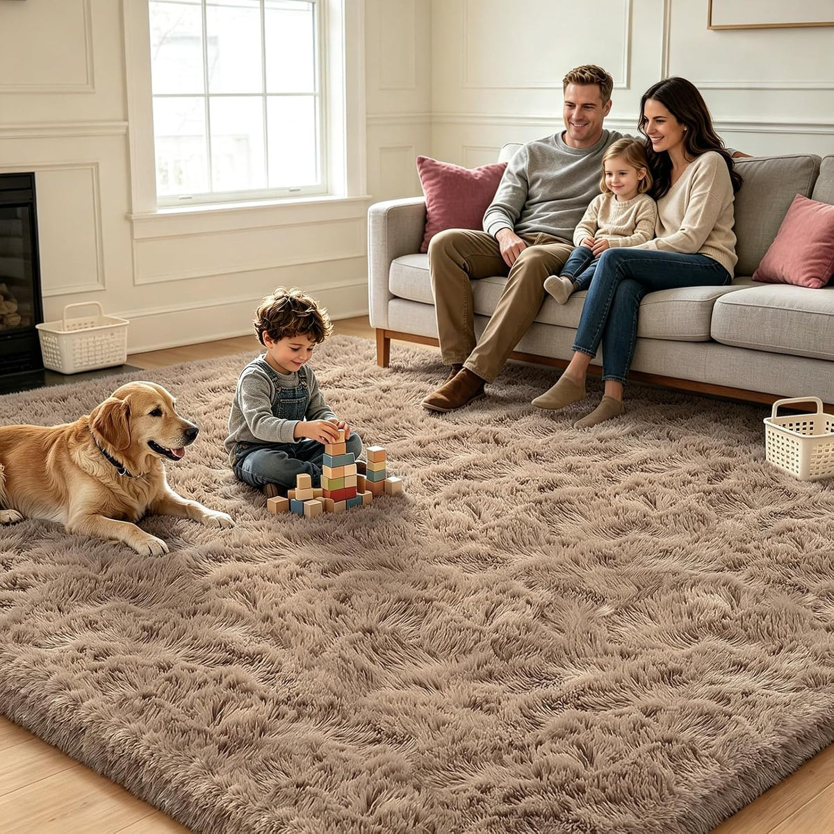Beige 8x10 Area Rugs for Living Room, Fluffy Shag Rug Large Bedroom Carpet
