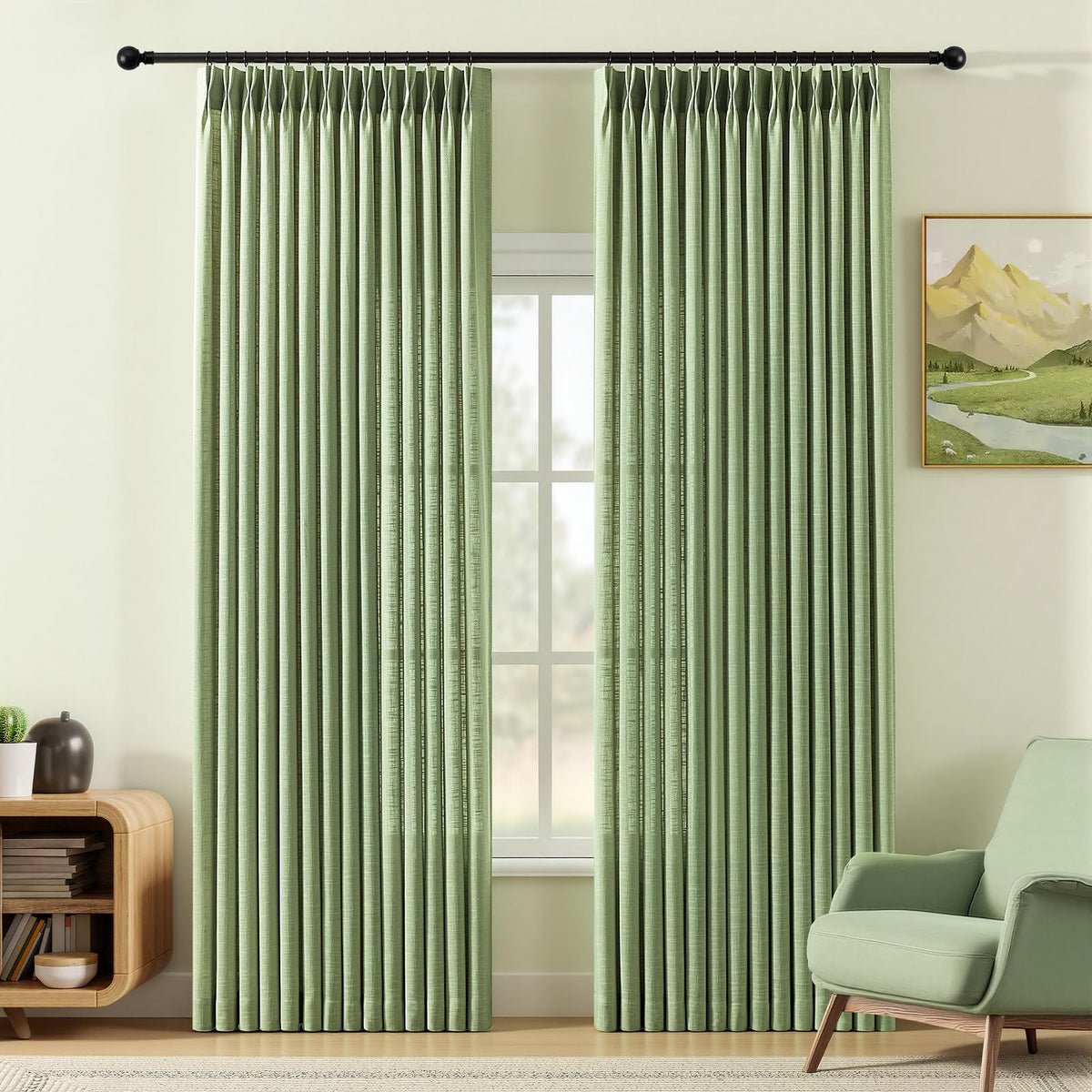 Pinch Pleated Linen Curtains 96 Inches Semi Sheer Light Filtering, 2 Panels