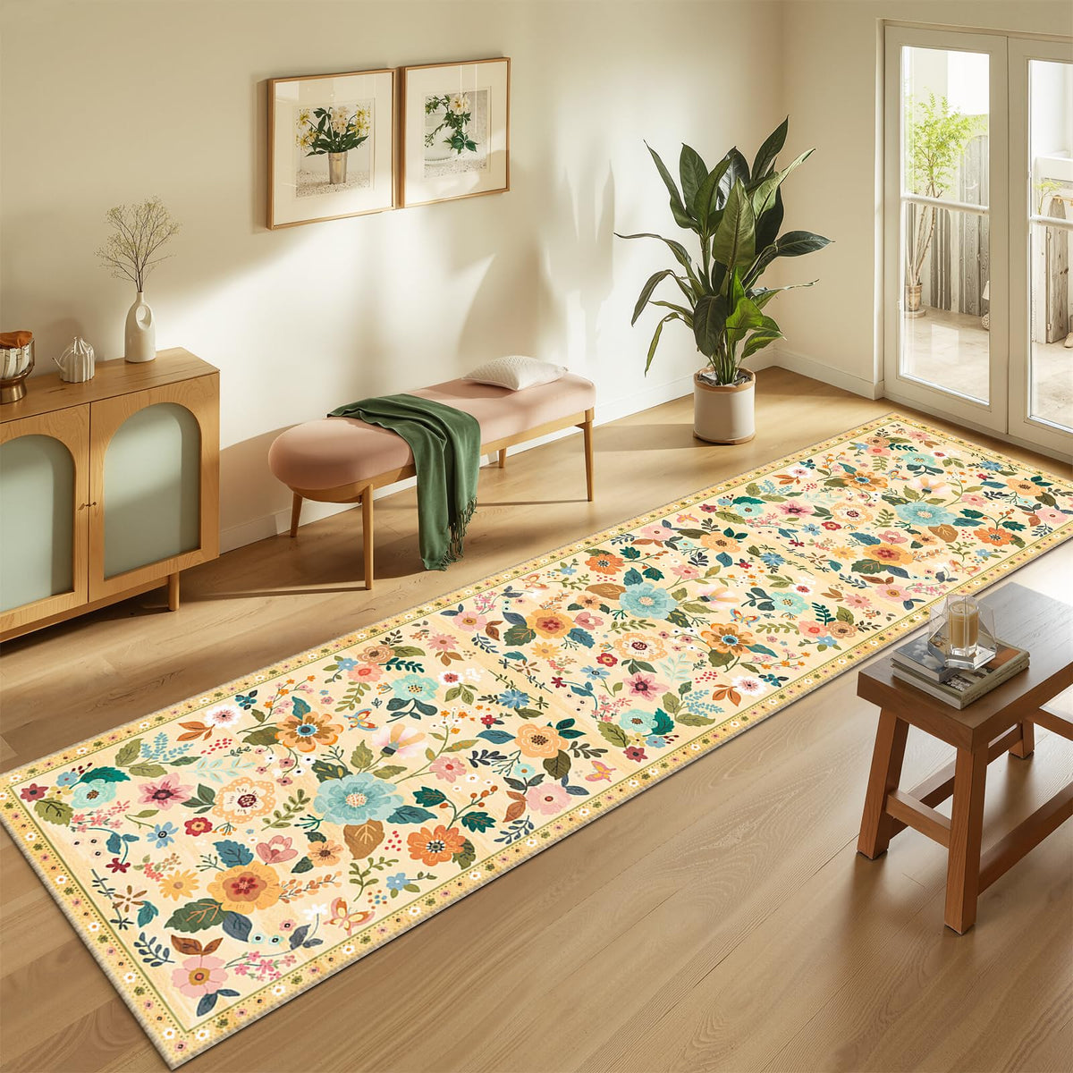 RELEANY Floral Washable 5x7 Area Rugs Pink