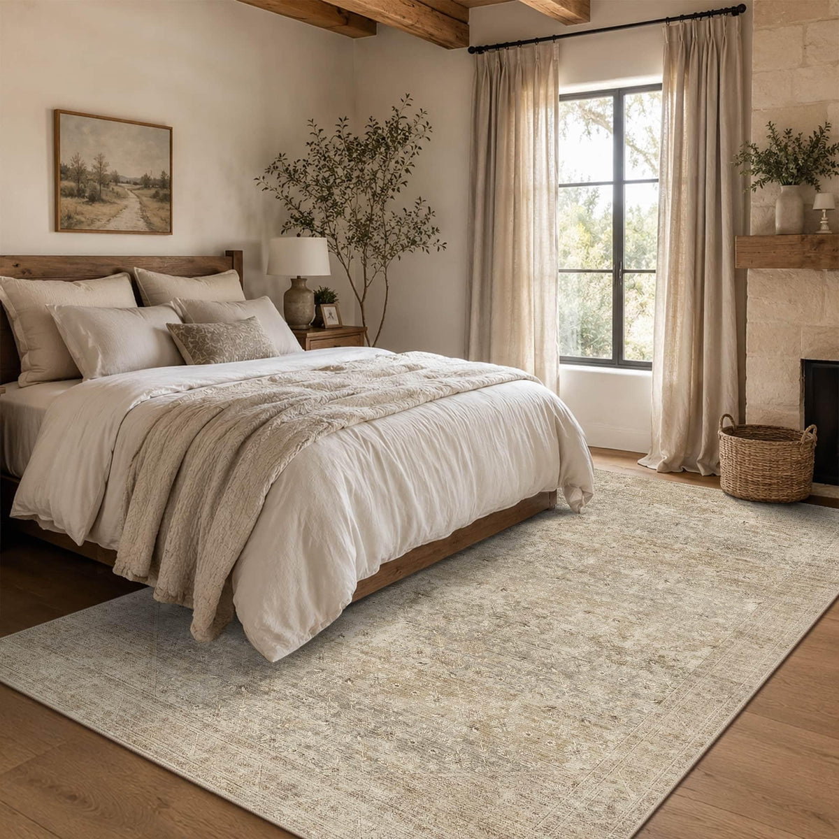 8x10 Washable Boho Area Rug, Dark Beige Farmhouse for Living Room