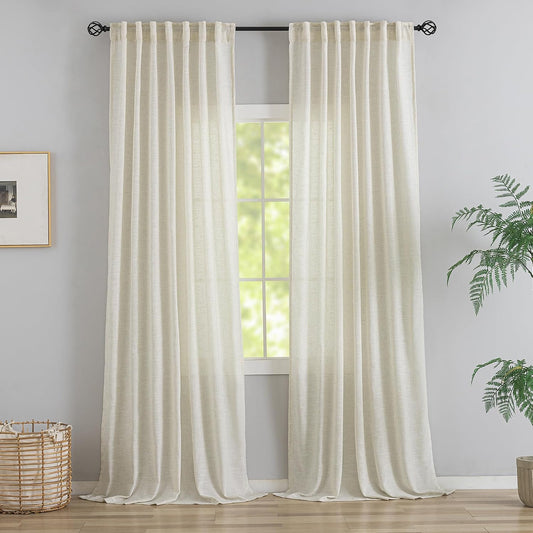 Natural Linen 144 Inch Length Curtains for Tall Floor Ceiling Villa Living Room -Cream Ivory Bak Tab Hooks Pleated Easy Open Sliding Semi Sheer 144 inch Extra Long 2 Story Window Curtains,12 Foot