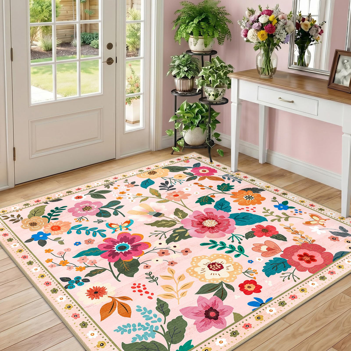 RELEANY Floral Washable 5x7 Area Rugs Pink