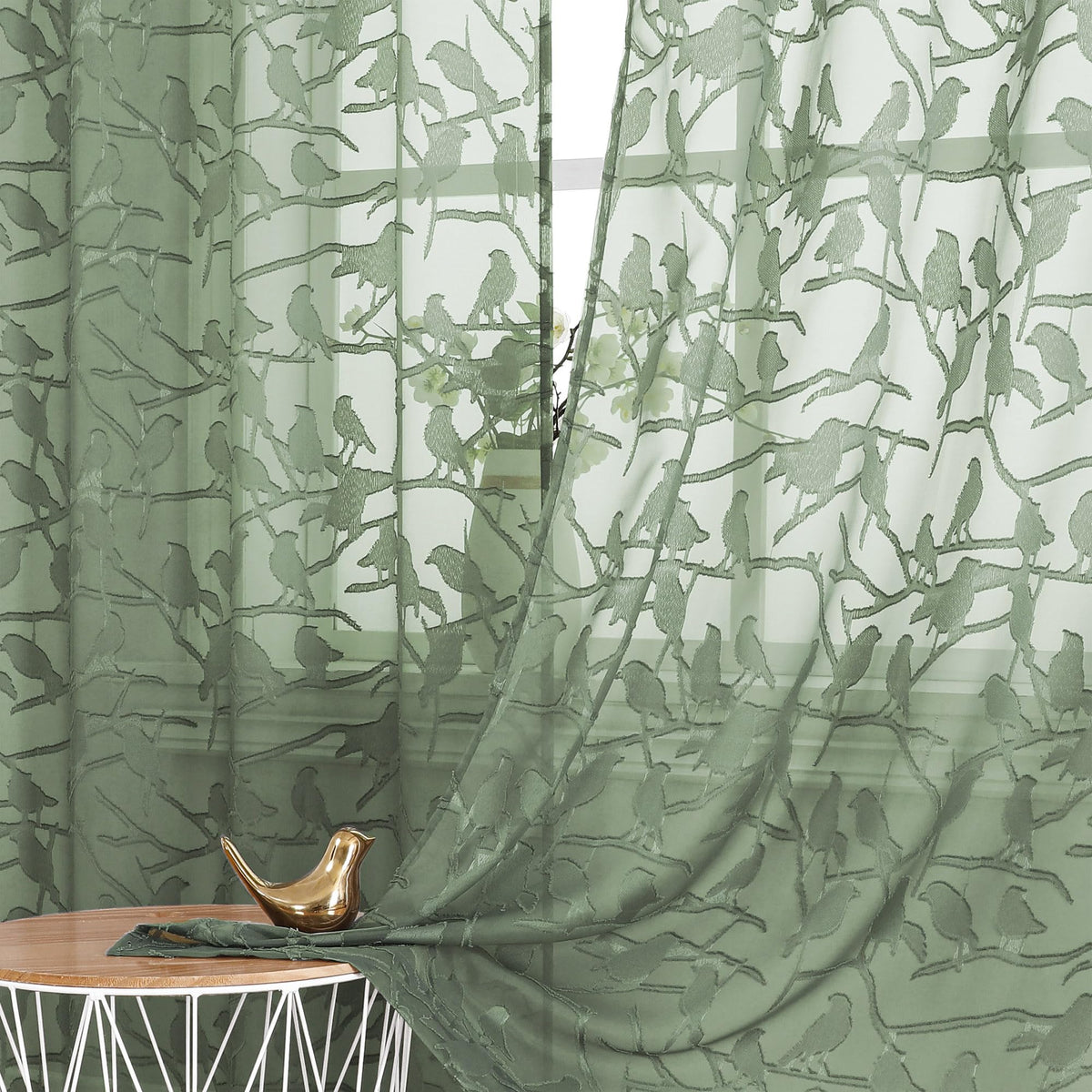 OVZME Sage Green Sheer Curtains 63 Inch Length 2 Panel Set, Light Filtering Bedroom Curtains with Dual Rod Pocket Top, Leaf Bird Clip Jacquard Sheer Farmhouse Window Drapes for Living Room, 2x38Wx63L