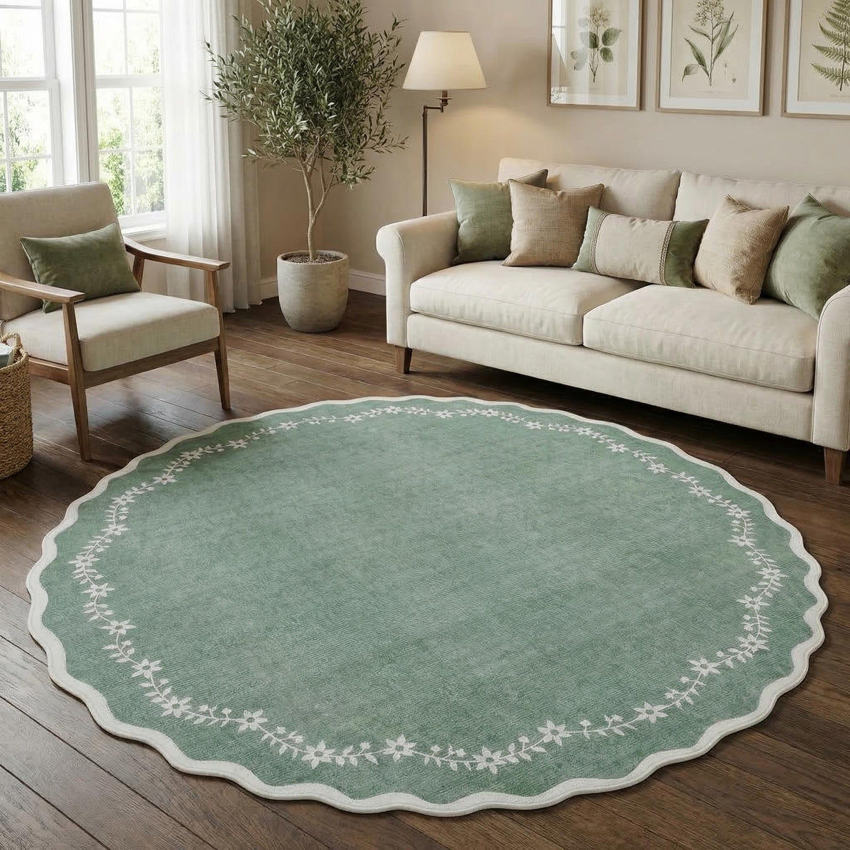 GarveeHome 5x7 Scalloped Area Rug Jute Washable Bedroom Living Room Rug