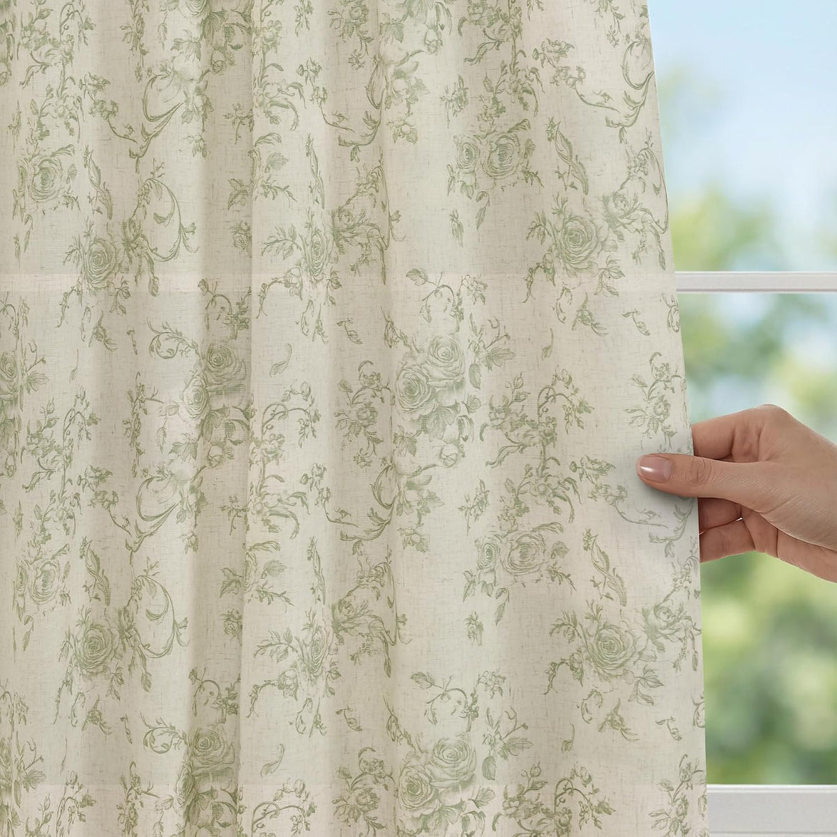 XWZO Linen Floral Curtains Green Flower Patterned Curtains for Living Room