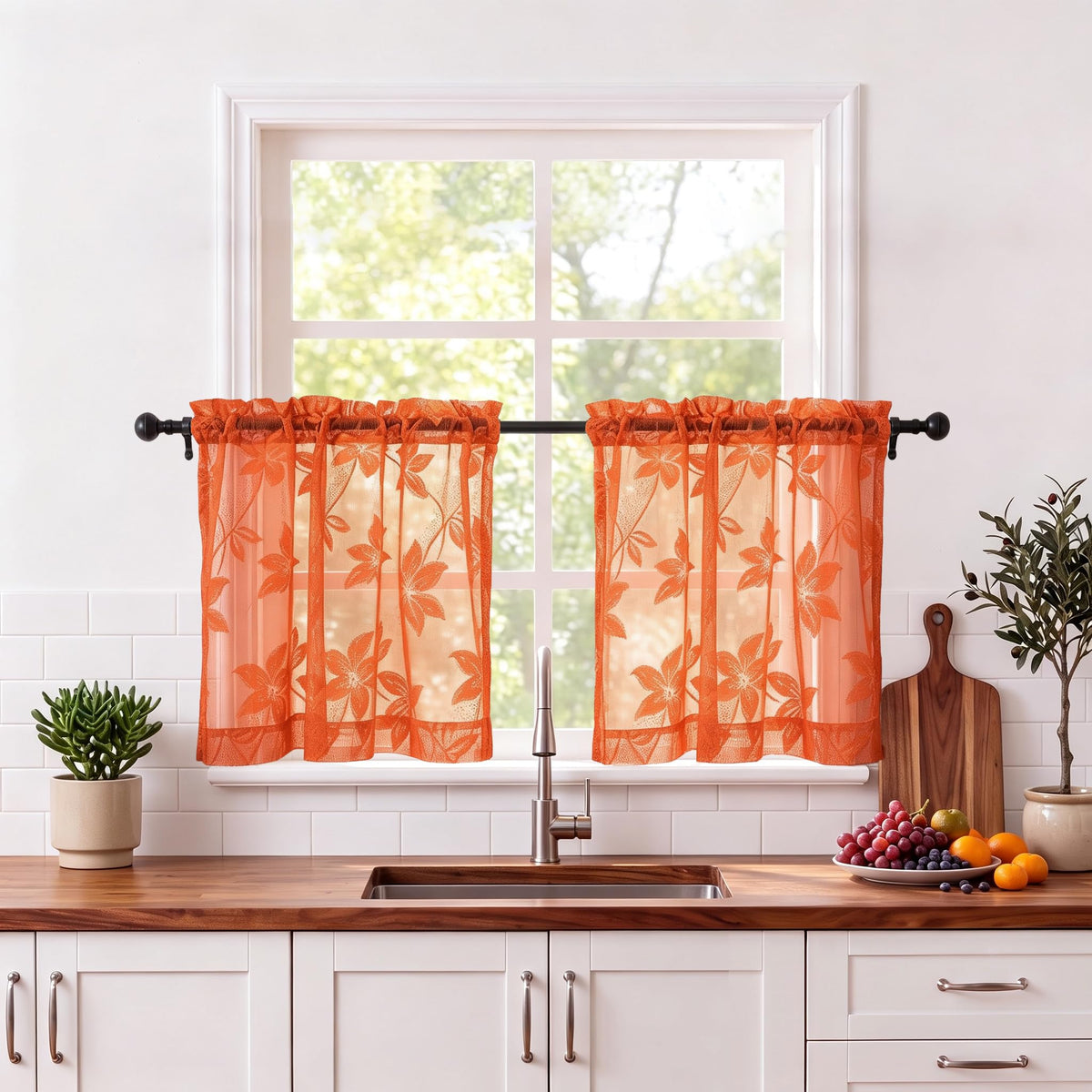 DWCN White Sheer Curtains - Short Curtains Floral Lace Design Rod Pocket Window Voile Sheer Drapes for Bedroom Kitchen Small Window 42 x 54 inch Length, 2 Panels White