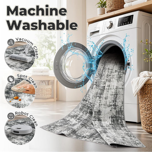 MXSANYOO 8x10 Area Rugs Washable Rug: Abstract Neutral Rugs Modern Non Slip Area Rug Stain Resistant Low Pile Indoor Carpet for Dining Room Bedroom Nursery Office (Black Grey, 8'x10')