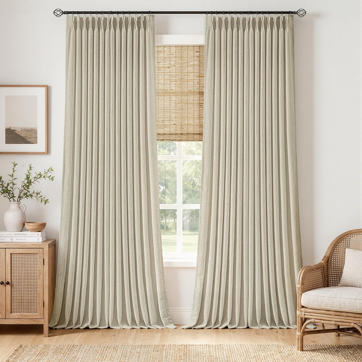 MIULEE Pinch Pleated Thick Linen Curtains 96 Inches Burlap Brown Curtains