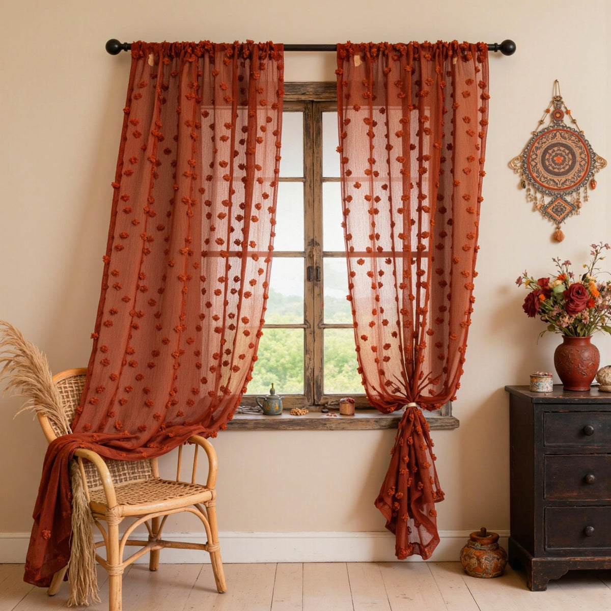 MYSKY HOME Beige Boho Sheer Curtains with Cream Pom Pom 50Wx84L,2 Panels