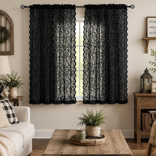ALIGOGO Black Lace Curtains for Bedroom, Gothic Style, 52W x 63L Inch