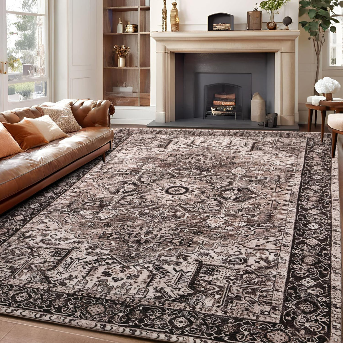 Hanples 5x7 Area Rugs for Living Room, Washable Rug Vintage Floral, Beige