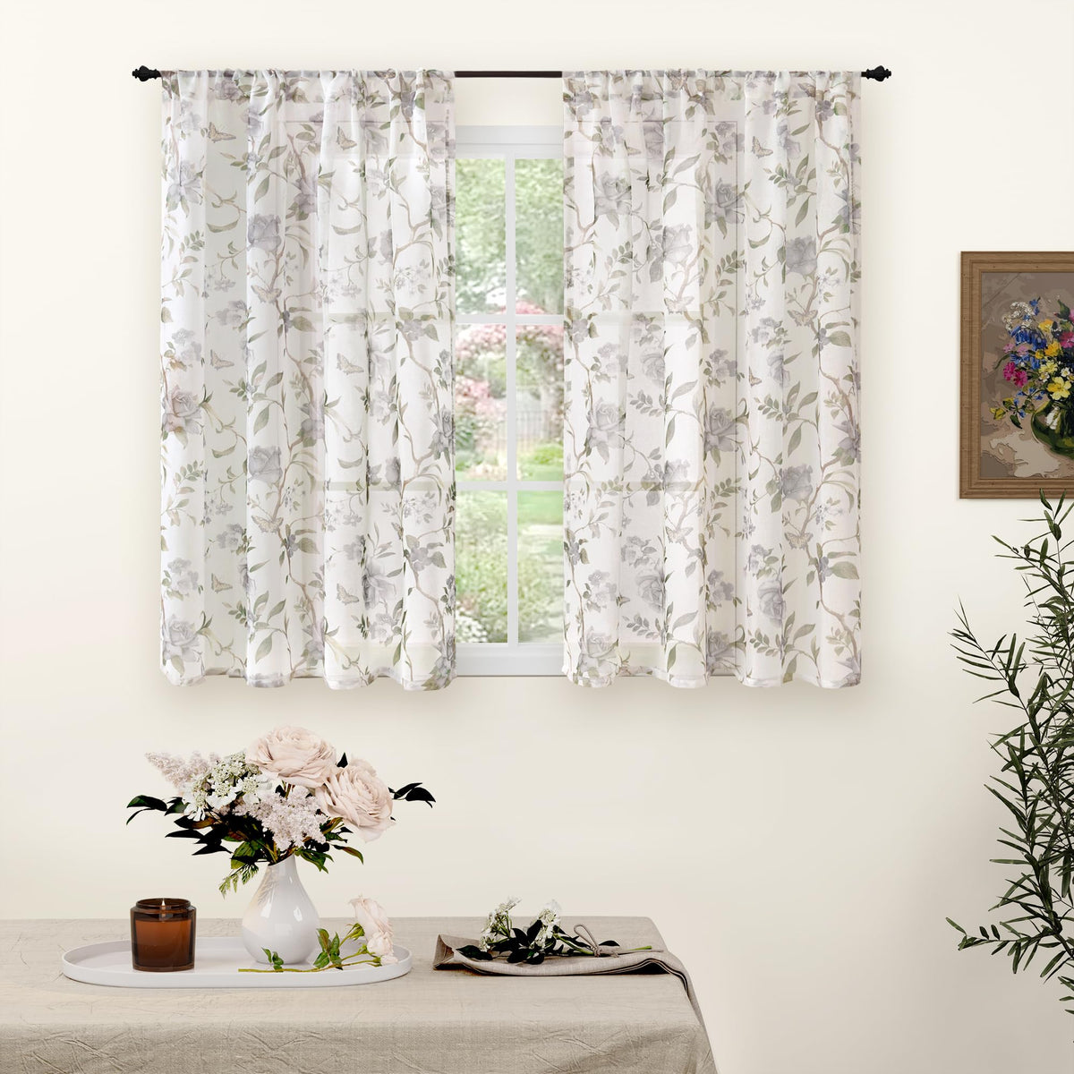 Lajode Pink Floral Sheer Curtains for Girls Room - 52x84 Inch 2 Panels
