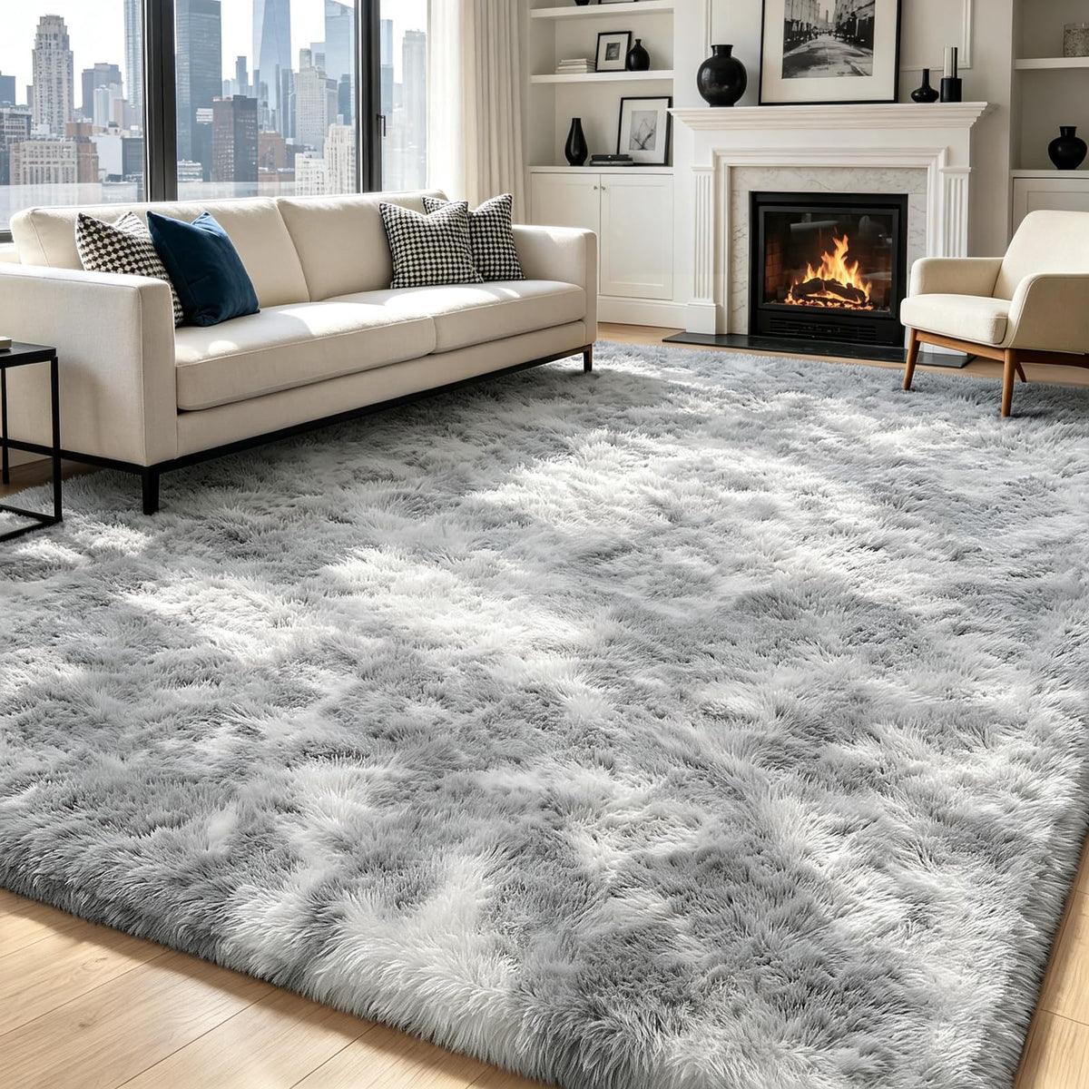 Beige 8x10 Area Rugs for Living Room, Fluffy Shag Rug Large Bedroom Carpet