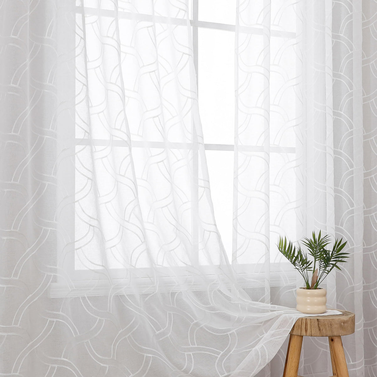 VISIONTEX White Sheer Curtains Grey Moroccan Embroidered 63 Inch Length