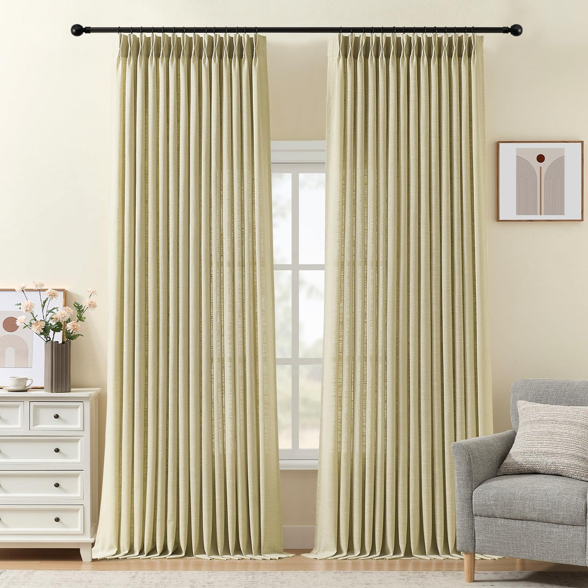 Pinch Pleated Linen Curtains 96 Inches Semi Sheer Light Filtering, 2 Panels