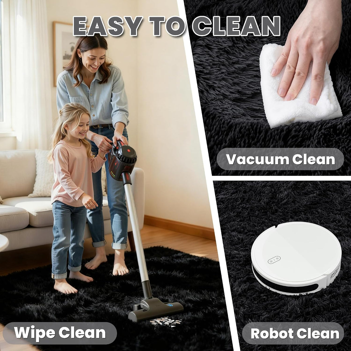 6x9 Black Fluffy Fuzzy Shag Area Rug for Living Room, Bedroom, Dorm Carpet