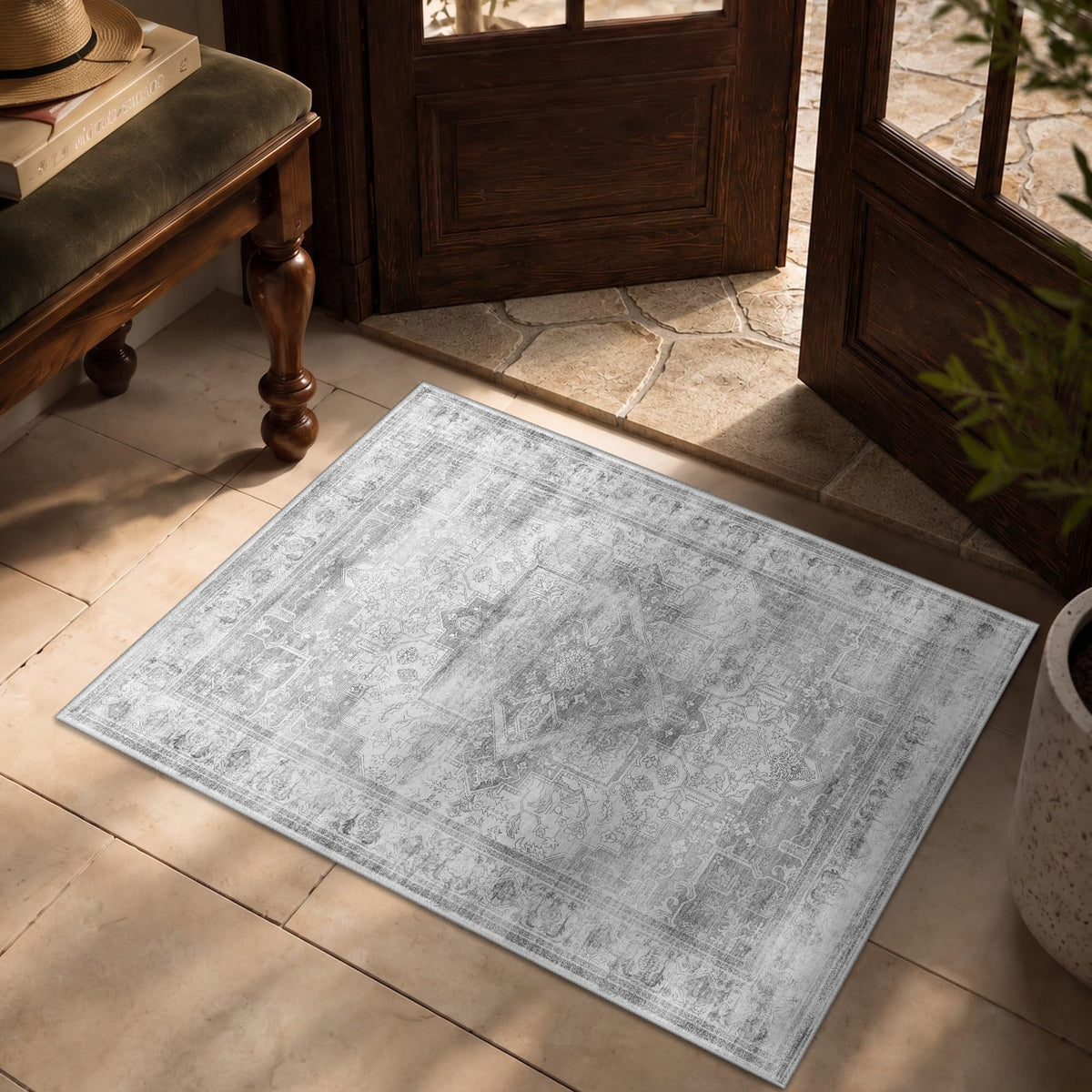 8x10 Washable Boho Area Rug, Dark Beige Farmhouse for Living Room