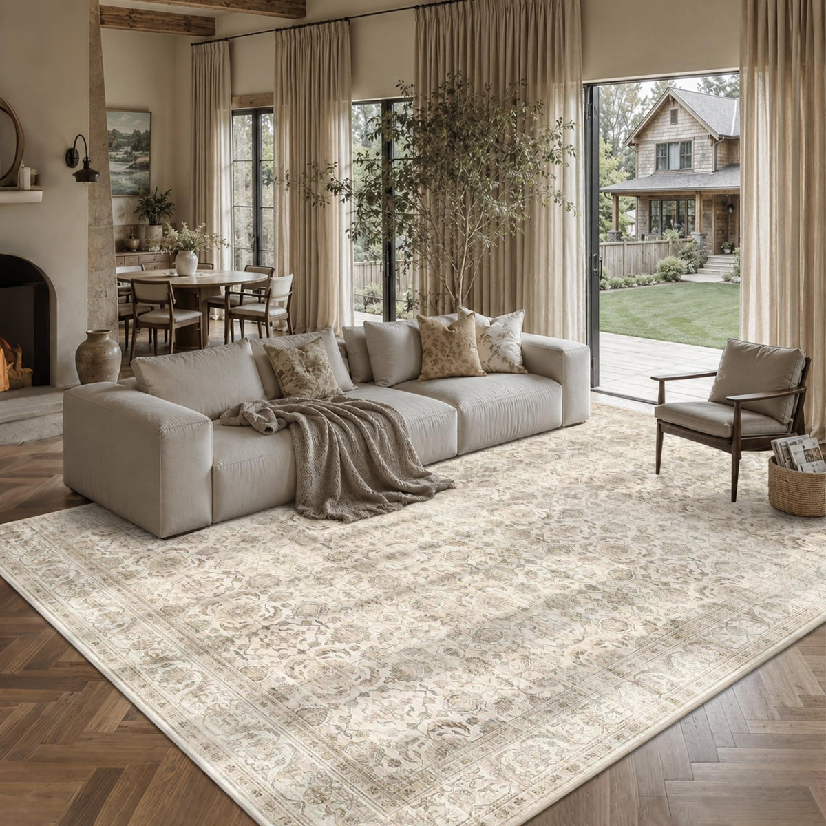 JOOJA 8x10 Beige Vintage Soft Low Pile Boho Neutral Washable Area Rug