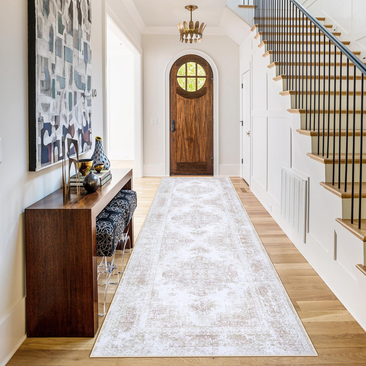 XLUEZ Area Rug 8x10 Living Room Rug, Machine Washable Vintage Distressed Medallion Rug Non-Slip Soft Low Pile Large Indoor Rugs for Bedroom Dining Room Office Children's Room (Beige,8'x10')